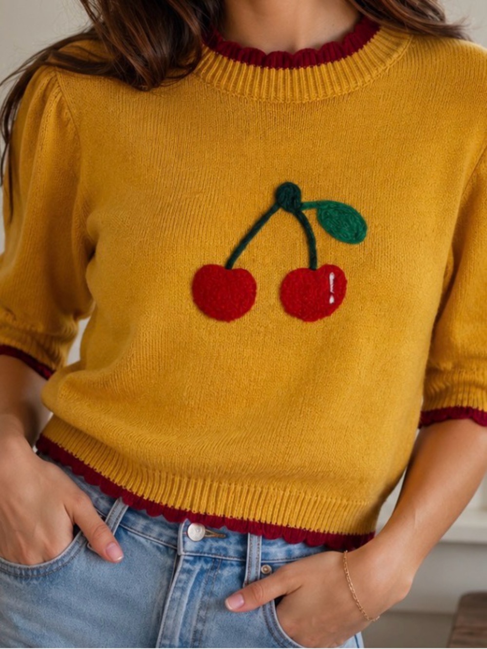 Mustard Yellow Cherry Appliqué Crewneck Sweater